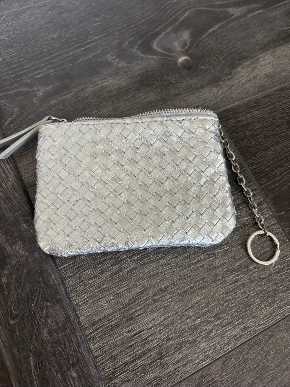 Moda Luxe Silver Woven Leather Wristlet Pouch with Keychain